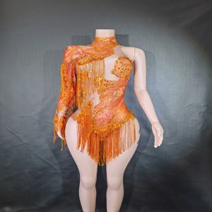 섹시 스키니 레오타드 가수 댄서 쇼 StageWear 반짝 이는 블루 라인 석 여성 DanceCostume 프린지 원 숄더 바디 슈트 7G
