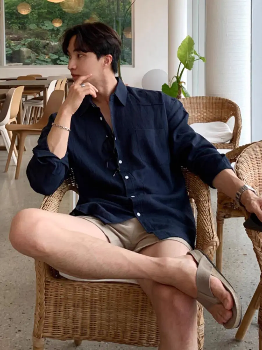 남성용 갈색 면 린넨 캐주얼 셔츠 긴팔 오픈 가디건 자외선 차단 봄 여름 착용 통기성 가벼운 패셔너블