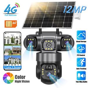 V380 태양 4G IP 카메라 야외 12MP 6K 트리플 렌즈 트리플 스크린 보안 비디오 모니터 야간 투시경 방수 CCTV 카메라