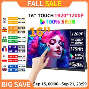 HGFRTEE 16인치 터치 휴대용 모니터 16:10 96%sRGB 350Cd/m² 홀더 스탠드가 있는 노트북용 두 번째 화면 Type-C HDMI 호환