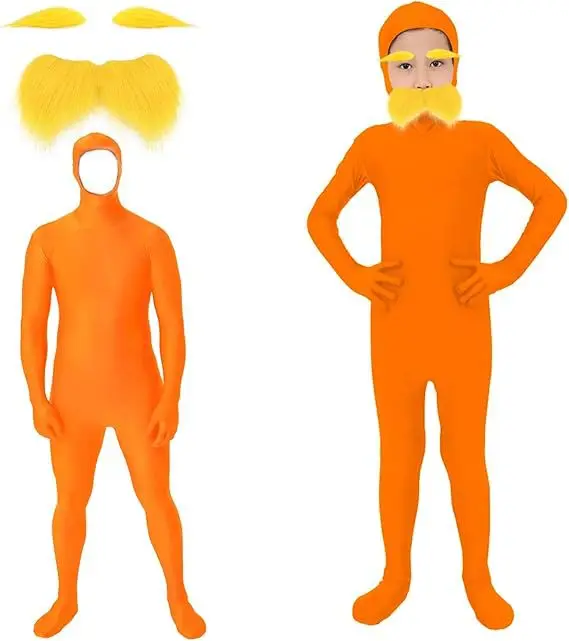 할로윈 파티 점프 슈트 오렌지 의상 노란색 콧수염과 눈썹 Baring Orange Bodysuit Masquerade Outfits for Kid and Adult