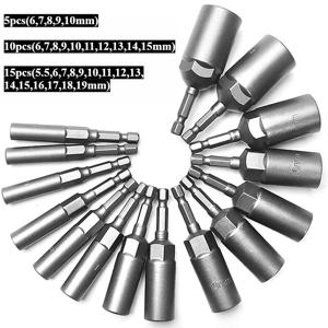 5/10/15Pcs 80mm 깊이 파워 너트 드라이버 드릴 비트 세트 전동 공구 용 5.5-19MM 임팩트 소켓 어댑터 6.35MM 육각 섕크
