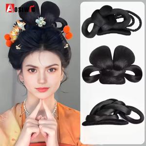 합성 Hanfu 가발 모자를 쓰고 있죠 여성 원피스 작은 태평 롤빵 당나라 스타일 고대 의상 일일 성능 스타일링 헤어 쿠시오
