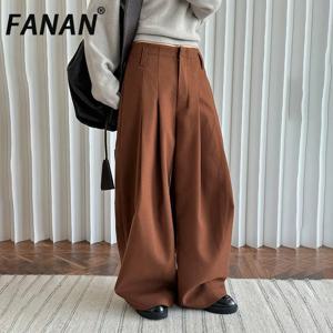 FANAN Office 레이디 Pleated 하이 웨이스트 바지 여성용 스트레이트 와이드 레그 바지 기질 의류 여성 2025 New Winter