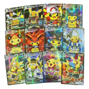 2025 새로운 55PCS 포켓몬 애니메이션 홀로그램 카드 피카추 캐릭터 코스프레 영어 반짝 이는 컬렉션 트레이딩 카드 장난감 어린이 선물