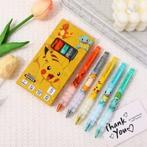 5Pcs 포켓몬 피카추 푸시 버튼 볼펜 만화 캐릭터 Psyduck 빠른 건조 서명 펜 교사 사무실 문구 선물