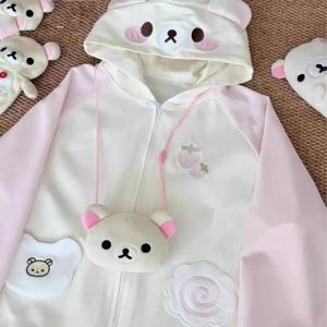 Rilakkuma Y2K 자수 후드 재킷 패치 워크 일본 카와이 귀 후드 여성 대학 루즈 지퍼 카디건 루즈 탑 New