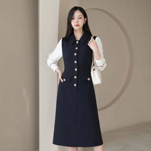 (~XXL까지) 앤딘 배색소매 골드버튼 A라인 원피스 봄 가을 하객룩 오피스룩 데이트 모임 미시 빅사이즈