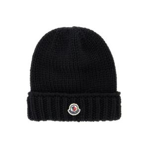 MONCLER KIDS Black Cable Knit Beanie with Logo Patch in Wool Boy 3B00026M1172999