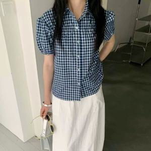 샵앤) 여성 카라넥 체크 반팔 셔츠 블라우스 MSE-WBL-20684-네이비