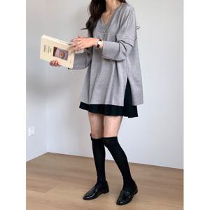 [샵앤]여성 V넥 오버핏 옆트임 긴팔 무지 티셔츠 21DS-WSH-4901-그레이