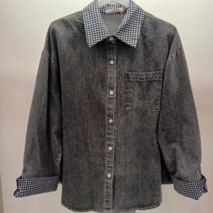 Latium HC06 데님 가을 느낌 체크 배색 품편한 언발 남방형 청셔츠블라우스 T2533bl10G