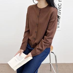 블레오 여성 봄 가을 기본 라운드넥 긴팔 니트 가디건 브라운