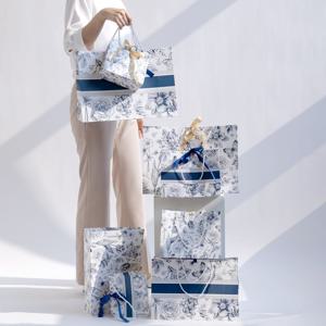 플라워 드로잉 쇼핑백 가로형 플라워패턴 웨딩 답례품 선물 쇼핑백 종이가방 5P