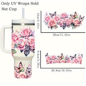 TEMU 1세트 봄핑크 플로럴 나비 DIY UV 전사 세트 - 방수 자가접착, 40oz 컵용 (컵 미포함), PVC 소재