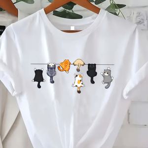 TEMU 플러스 사이즈 여성용 캐주얼 반팔 티셔츠 - 귀여운 고양이 디자인, 라운드넥 탑, 통기성 원단, 세탁기 사용 가능, 봄/여름 착용