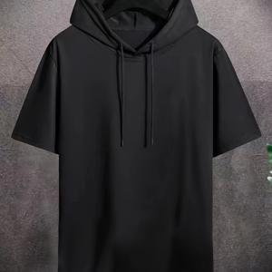 TEMU 남성용 경량 후드 반팔 티셔츠 1개 - 단색 블랙 캐주얼 스포츠웨어 조절 가능한 끈이 있는 후드, 봄/여름용 레귤러 핏, 손세탁 전용, 매일 착용하기 편안한 부드러운 원단