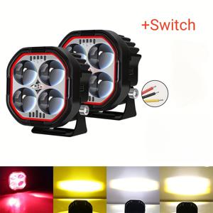 TEMU 2pcs 모터사이클 LED 외부 조명, 네 개의 렌즈 빨간색 삼색. 외부 수정 보조 조명, 하드 와이어 차량 스피커, 배터리 필요 없음