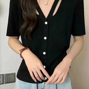 TEMU 여성용 여름 V넥 가디건 - 슬림핏 오픈 프론트 탑, 아이렛 디테일, 통기성 및 가벼운 무게의 단색 캐주얼 레이어링 피스, 캐주얼 의상, 다용도 패션, 세련된 디자인|가디건