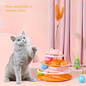 TEMU 고양이 인터랙티브 장난감, 튼튼한 플라스틱 소재, 3개의 작은 공과 합성 깃털이 있는 멀티 레벨 회전 타워, 실내 고양이 자가 놀이용으로 지루함 줄이고 재미를 더하는 고양이 장난감