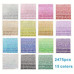 TEMU 2475pcs 빛나는 3D 스티커 세트, 자체 접착형 라인스톤, DIY 데칼, 얼굴 장식, 혼합 색상, 원형 플라스틱 보석, 만화 테마, 기하학적 패턴, 글리터 마무리, 단일 사용 - 15 컬러 콤보 팩