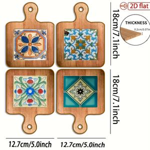 TEMU 2D 플랫, 1pc 2D 플랫 4pcs 꽃무늬 나무 삼각대 - 열 저항성 주방 매트, 빈티지 절연 패드, 11개 축제에 적합, 방 장식에 완벽