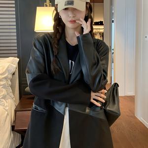 TEMU 스타일리시 블랙 PU 스타일 여성용 슬립드 슈트 재킷, 봄-가을 신상 캐주얼 레트로 홍콩 스타일 , 우아함 폴리에스터 소재, 저녁 모임 및 웨딩 정장