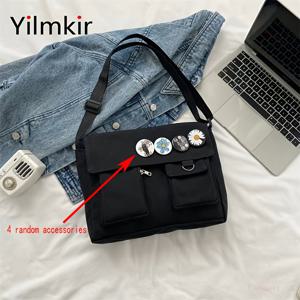 TEMU Yilmkir 여성용 메신저 백 - 대용량 접이식 숄더 파우치, 캐주얼 스타일, 화이트/블랙, 다양한 포켓, 가벼운 & 내구성 있는 폴리에스터 소재, 학생 및 일상 사용에 완벽한, 학생용 숄더백 | 캐주얼 디자인 | 안전 버클 클로저