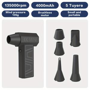 TEMU 미니 터보 제트 팬, 고속 휴대용 터빈 블로워, 135000 RPM 브러시리스 모터 핸드헬드 스프레이 팬, 4000mAh Type-C 충전 | 차량/실내외 사용 가능, 컴퓨터 키보드 청소 및 야외 캠핑 눈잎 제거용 쿨링 제트 머신 (5개 노즐 포함)|키보드|차량용선풍기|캠핑선풍기