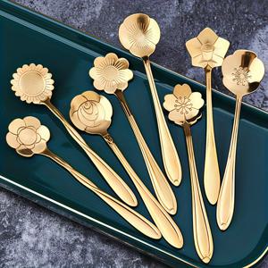 TEMU 8pcs 우아한 꽃무늬 스테인레스 스틸 티스푼 세트 - , 장미, 디자인 | 커피, 디저트, 아이스크림에 완벽 | 황금 마감, 장식 핸들, 커피 테이블웨어 | 꽃무늬 스푼 | 다듬은 황금 마감