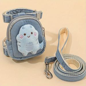 TEMU 1 세트 만화 플러시 인형 장식 개 허스 및 리드 세트 - 편안한 나일론, 애완 동물 식품 또는 폐기물 가방 수납 백팩, 목줄 및 리드 콤보 소형에서 중형 개 또는 고양이, 폴리에스터 섬유, 4피트 미만 길이, 배터리 없음