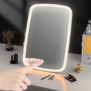 TEMU 1개 휴대용 LED 터치 센서 메이크업 미러, 3가지 조명 모드, 밝기 조절 가능, 웜 & 화이트 라이트, 슬림 디자인, 여행용 컴팩트 탁상 거울 | 터치 센서 미러 | 광택 마감 - 보호 기능