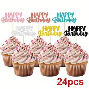 TEMU 생일 축하 컵케이크 토퍼, 반짝이는 생일 컵케이크 픽, 생일 파티 케이크 장식 용품, 6가지 색상