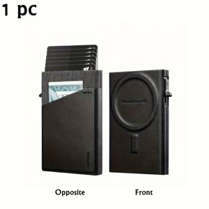 TEMU OBCREATOR 알루미늄 카드 홀더 남성용 인조 가죽 RFID 차단 사이드 푸시 팝업 지갑 수납백, 자석 흡착 기능 포함