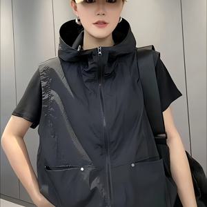TEMU 여성용 가벼운 후드 지퍼 벨트 - 전면 포켓이 있는 캐주얼 소매 없는 디자인, 단색 블랙, 캐주얼 의상에 적합, 캐주얼 착용 벨트 | 패션 | 지퍼 벨트|민소매