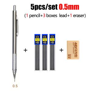 TEMU 5개/세트 실버 기계식 샤프펜, 0.3-2.0mm, 미끄럼 방지, 금속 본체, 미술 및 필기 도구, 3개의 리드 리필 및 지우개 포함