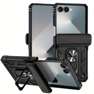 TEMU 삼성 Z Flip 7, 6, 5, 4용 헤비듀티 보호 폰 케이스, 내장형 자석 360도 회전 링 스탠드, 전체 렌즈 커버 보호, 충격 방지, 내마모성, 미끄럼 방지 및 통기성 기능