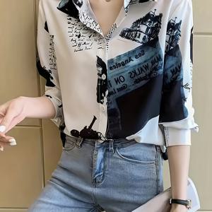 TEMU 여성용 화이트 & 블랙 신문 프린트 버튼 셔츠 재킷 - 칼라 (금융 차트/주식 시장 신문 클리핑) - 스트럭처드 논스트레치 오피스-캐주얼 , 봄/가을용, 세탁기 사용 가능