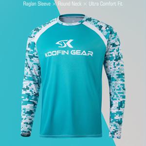 TEMU KOOFIN GEAR 남성용 고성능 낚시 셔츠 - 부드럽고 통기성이 좋으며 수분 흡수 기능이 있는 원단, 블루 기하학 패턴, 래글런 소매, 사계절에 적합한 울트라 컴포트 핏, 낚시 의류 | 스포티한 낚시 셔츠 | 편안한 핏의 셔츠, 낚시복