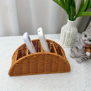 TEMU 네 칸 수제 라탄 리모컨 보관함, 욕실 액세서리 및 메이크업 정리함, 우아한 룸 데코 TV 리모컨 정리 박스, 주방과 침실용 가정용 수납 용품, 선반 바구니