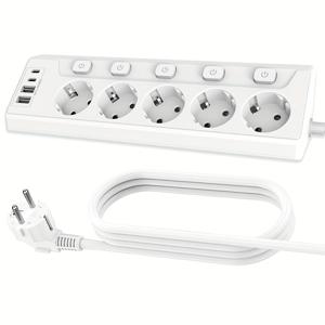 TEMU 유럽 표준 코너 데스크톱 소켓 직사각형 전원 스트립, USB 포트, 2 USB-A, 2 USB-C, 5 AC 아웃렛, 독립 스위치, 2m 연장 코드, 침실, 거실, 홈 오피스, 주방 등에 적합