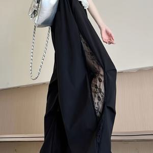 TEMU 여성용 홀 레이스 패치워크 오버올, 캐주얼하고 세련된 디자인, 부드러운 레이스 장식, 조절 가능한 밴딩 허리, 사이드 포켓, 편안한 루즈핏, 봄·가을에 적합한 팬츠