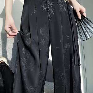 TEMU 여성용 우아한 꽃무늬 와이드 레그 팬츠 - 하이라이즈, 루즈핏, 세탁기 사용 가능, 봄 & 가을용 블랙 나일론 혼방