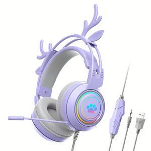 TEMU SY-G25 귀여운 사슴 귀 게임 헤드셋 - 핑크 & 그레이, 클로즈드 백, 노이즈 격리, 마이크, 꼬임 없는 케이블, USB 전원, PC & 콘솔 게임에 이상적, 게임 헤드셋 | 재미있는 디자인 | 편안한 귀 쿠션
