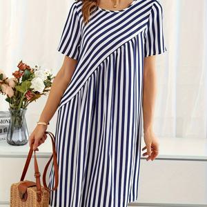 TEMU 크루넥 루즈 드레스, 봄 & 여름용 캐주얼 반소매 A라인 드레스, 여성 의류