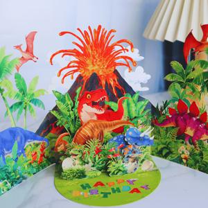 TEMU 1pc 3D 팝업 공룡 및 화산 분출 인사 카드 - 생일, 친구의 날, 휴일을 위한 밝은 종이 파티 초대장, 전기 없음, 젊은이들의 축하를 위한 완벽한 휴일 카드 | 밝은 디자인 | 종이 구조, 공룡 파티 장식