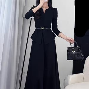 TEMU 우아한 프렌치 스타일 V넥 드레스 벨트 허리 - 시크한 긴 소매, 단색, 여성용 투피스 세트, 봄/가을에 완벽, 다용도 패션|V넥 드레스|벨트 허리 드레스, 비즈니스 캐주얼 착용, 아름다운 웨딩 드레싱, 내구성 있고 부드러움, 데이지 드레스, 중간 길이 드레스, 여성용 고품질 드레스|여성원피스|드레스