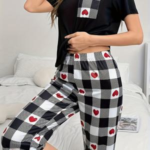 TEMU 여성용 캐주얼 하트 & 플레드 프린트 반바지 파자마 세트 - 블랙, 화이트, 레드, 올시즌 편안한 의류, 캐주얼 의류 | 플레드 패턴 | 편안한 핏