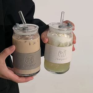 TEMU 15.21온스 대용량 스트로우 글라스, 아이스 커피컵, 맥주잔, 위스키, 소다, 차, 주스용, 뚜껑 및 슬리브 포함 선물용, 1개