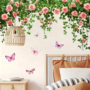 TEMU 1pc 로즈 비네 나비 벽 스티커 - 자체 접착식 제거 가능한 PVC 스티커, 핑크 로즈, 녹색 잎, 보라색 나비 디자인 - 봄/여름 환상 꽃 장식, 벽, 플라스틱 표면 - 반마감 처리, 나비 장식